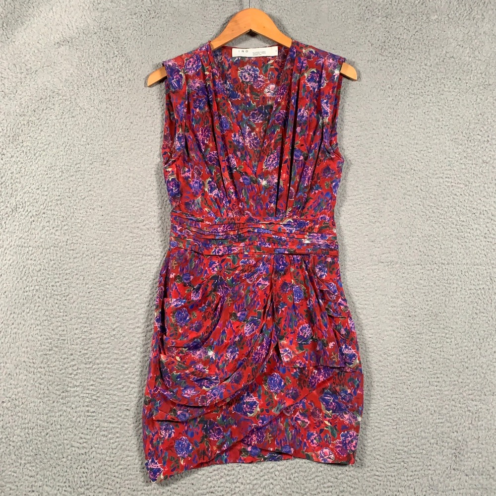 IRO Silk Swing Dress Women's 36 S US 4 Red Floral V-Neck Ruched Draped Mini
